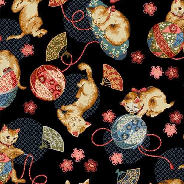 Tokyo Fur-Tales Quilt Fabric - Kawaii Kitties in Black - DCX12642-BLAC-D