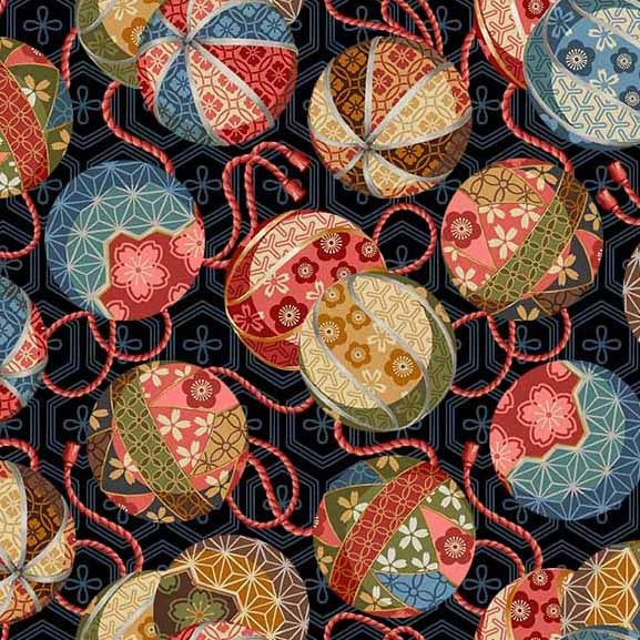 Tokyo Fur-Tales Quilt Fabric - Temari Balls in Black - DCX12643-BLAC-D