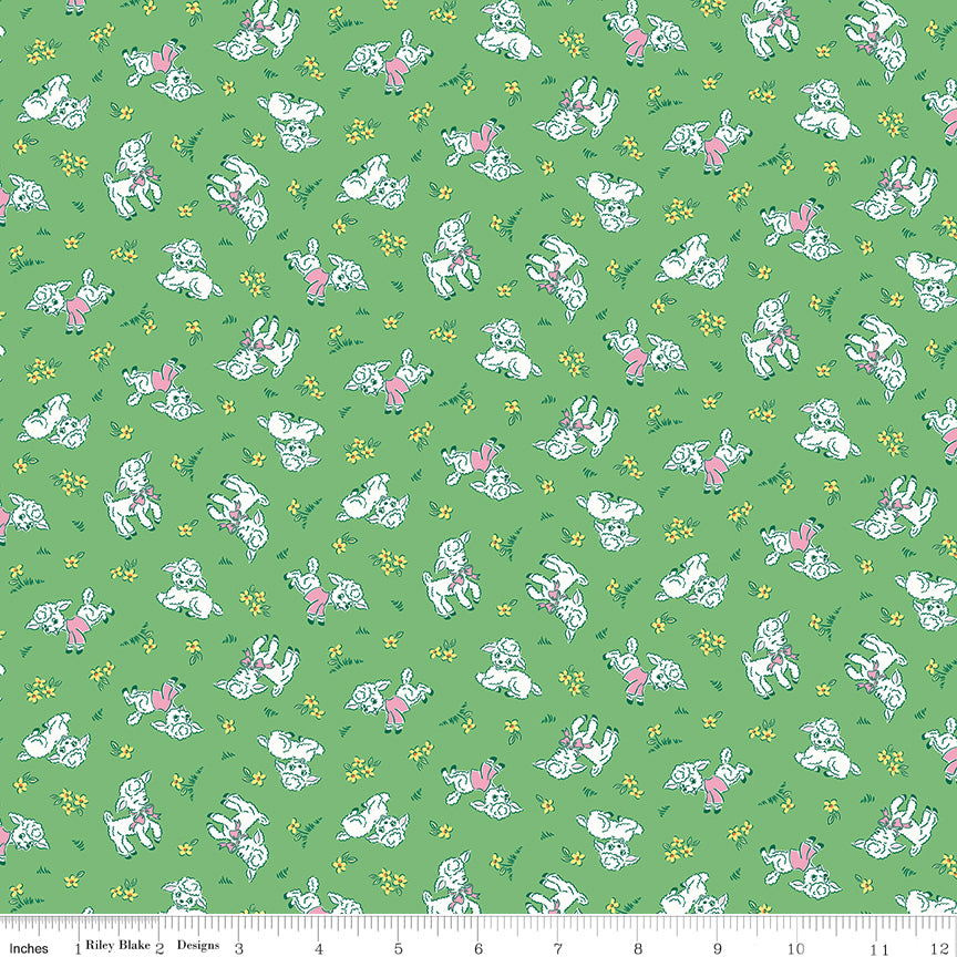 Traditional 30's Quilt Fabric - Green Lambs - C18241-GREEN