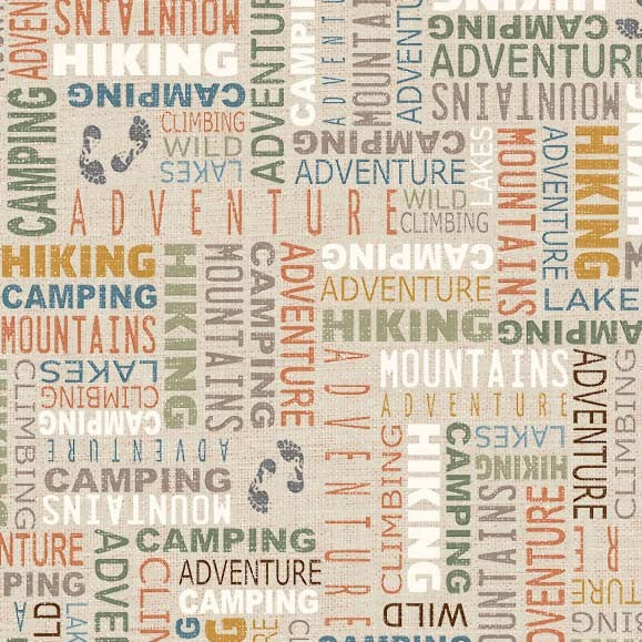 Trailhead Adventure Quilt Fabric - Outdoor Adventure (Words) in Tan - DCX12385-TANX-D