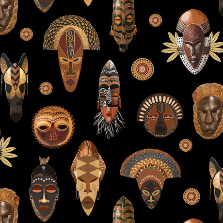 Tribal Quilt Fabric - Masks in Black - 1649 29746 J