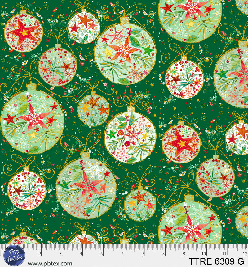 Turnowsky Treasures Quilt Fabric - Allover Ornaments in Green - TTRE 06309 G