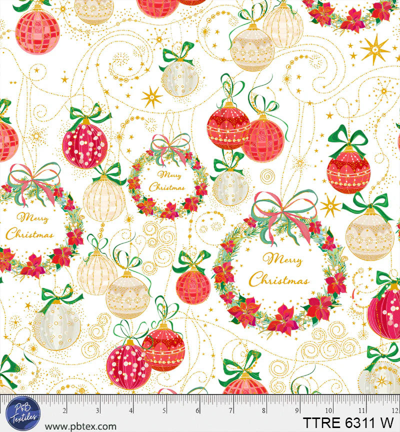Turnowsky Treasures Quilt Fabric - Allover Wreaths and Ornaments in White - TTRE 06311 W