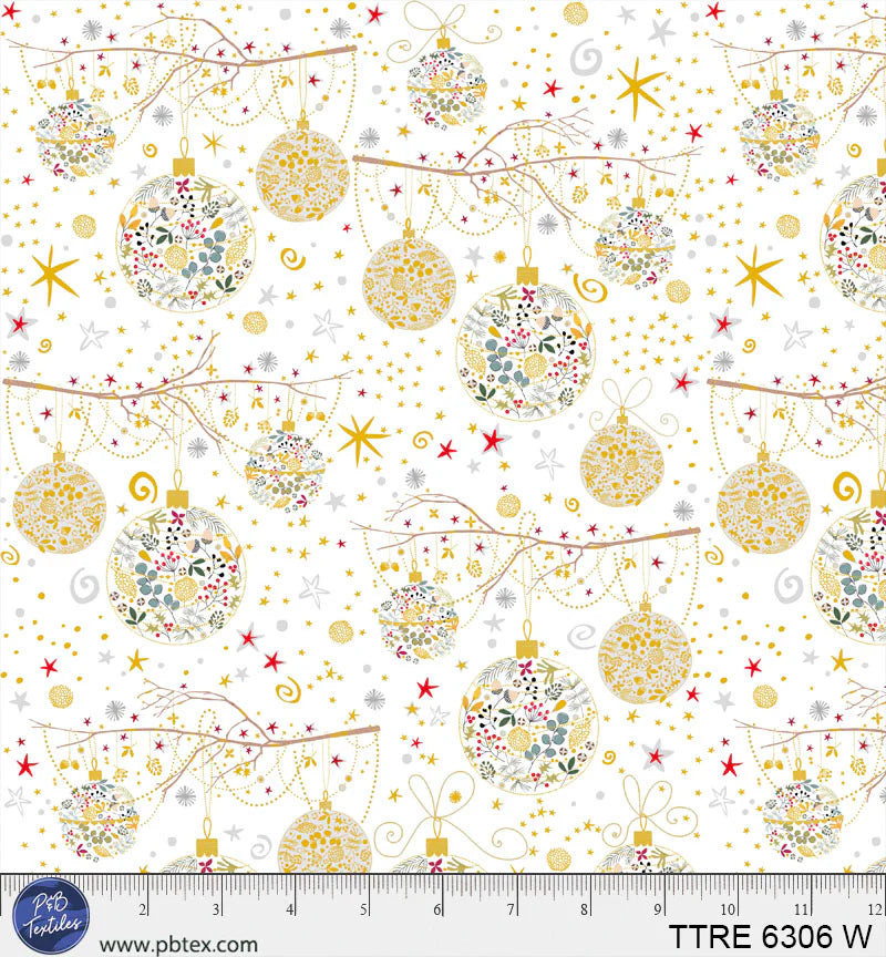 Turnowsky Treasures Quilt Fabric - Branches and Baubles in White - TTRE 06306 W