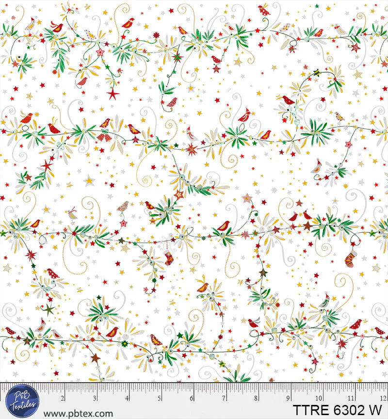 Turnowsky Treasures Quilt Fabric - Branches and Birds in White - TTRE 06302 W