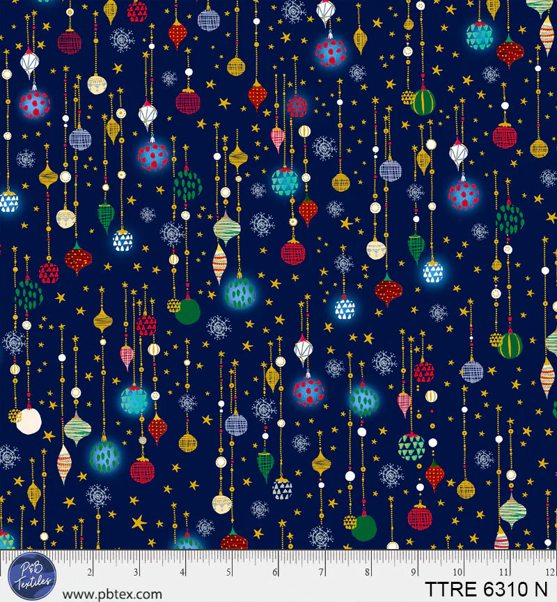Turnowsky Treasures Quilt Fabric - Ditsy Glowing Ornaments in Navy Blue - TTRE 06310 N