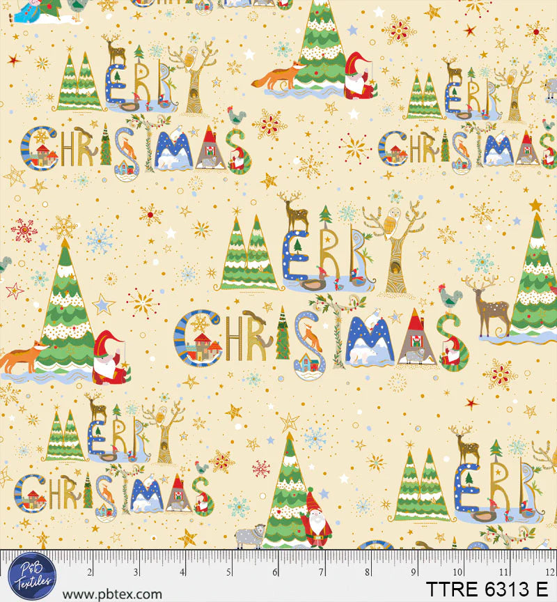 Turnowsky Treasures Quilt Fabric - Merry Christmas Lettering Allover in Cream - TTRE 06313 E