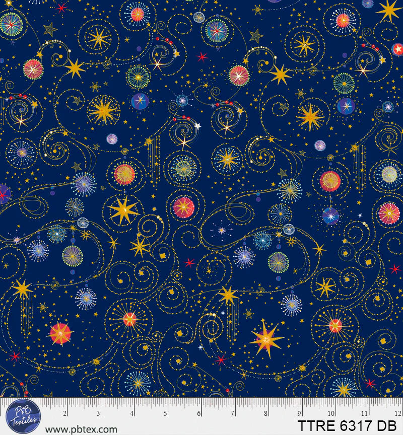 Turnowsky Treasures Quilt Fabric - Scroll and Stars in Dark Blue - TTRE 06317 DB