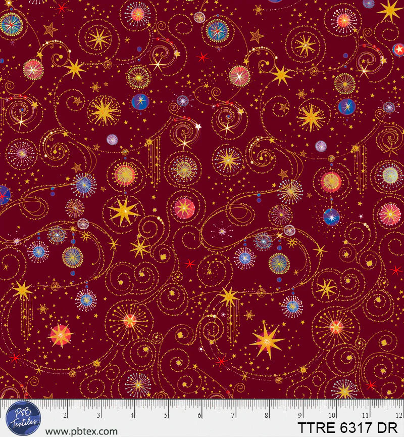 Turnowsky Treasures Quilt Fabric - Scroll and Stars in Dark Red - TTRE 06317 DR