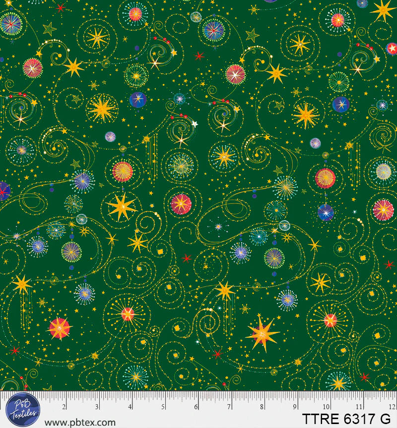 Turnowsky Treasures Quilt Fabric - Scroll and Stars in Green - TTRE 06317 G