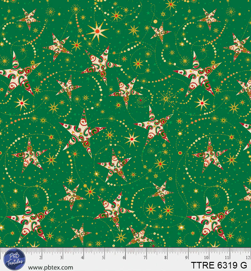 Turnowsky Treasures Quilt Fabric - Swirling Stars in Green - TTRE 06319 G