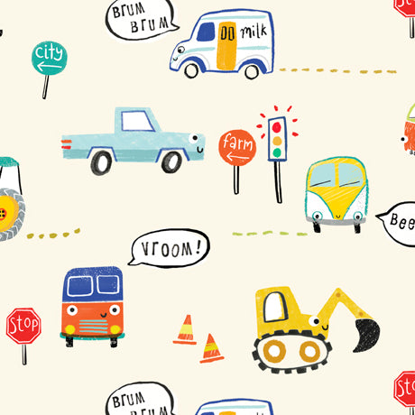 Vroom Vroom Quilt Fabric - Trucks and Stuff in Cream - 2600 30827 E