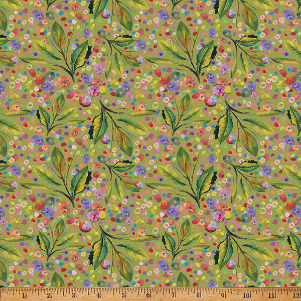 Whimsical Flower Garden Quilt Fabric - Branches in Olive Green - W5539-96 OLIVE