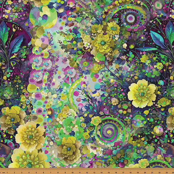 Whimsical Flower Garden Quilt Fabric - Large Scale Floral Collage in Lime Green/Multi - W5535-71 LIME
