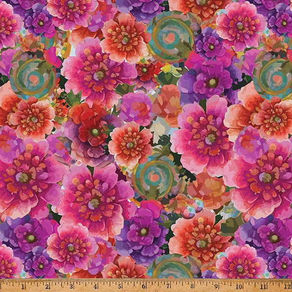Whimsical Flower Garden Quilt Fabric - Packed Floral in Fuchsia Pink/Purple - W5537-23 FUCHSIA