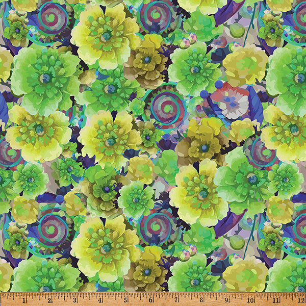 Whimsical Flower Garden Quilt Fabric - Packed Floral in Lime Green - W5537-71 LIME
