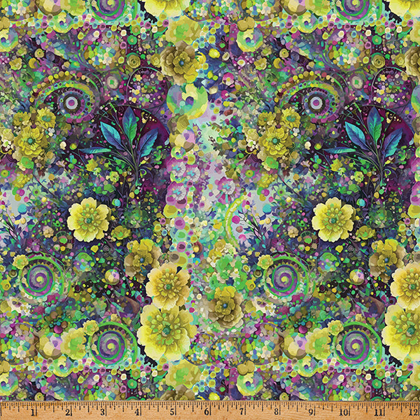 Whimsical Flower Garden Quilt Fabric - Small Scale Floral Collage in Lime Green/Multi - W5536-71 LIME