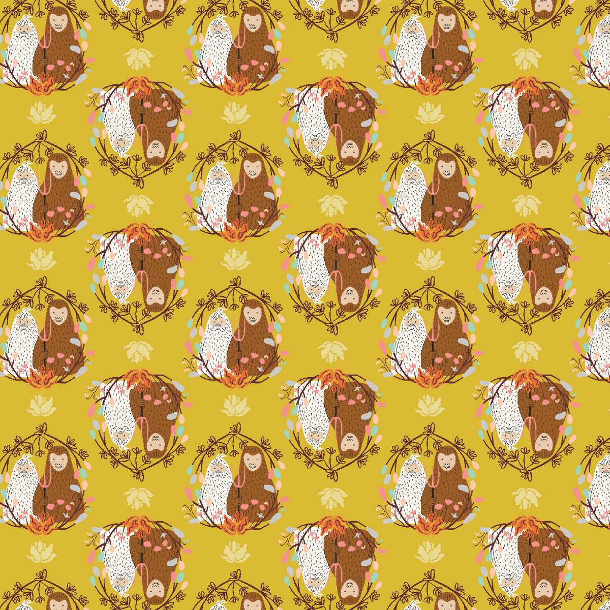 Whimsy and Lore Quilt Fabric - Mythical Gothic in Please Don't Feed the Yeti Gold - VD102-PD2