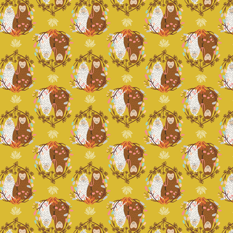 Whimsy and Lore Quilt Fabric - Mythical Gothic in Please Don't Feed the Yeti Gold - VD102-PD2