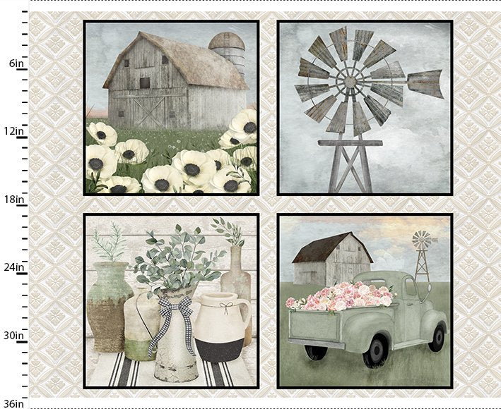 White Cottage Farm Quilt Fabric - Countryside Panel in Multi - 20884-PNL-CTN-D - SOLD AS A 36" PANEL