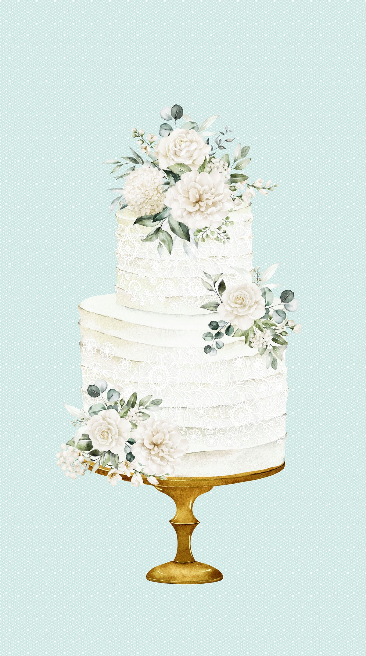 White Wedding Quilt Fabric - Cake Panel in Seafoam Aqua - 28380-62 - SOLD AS A 24" PANEL