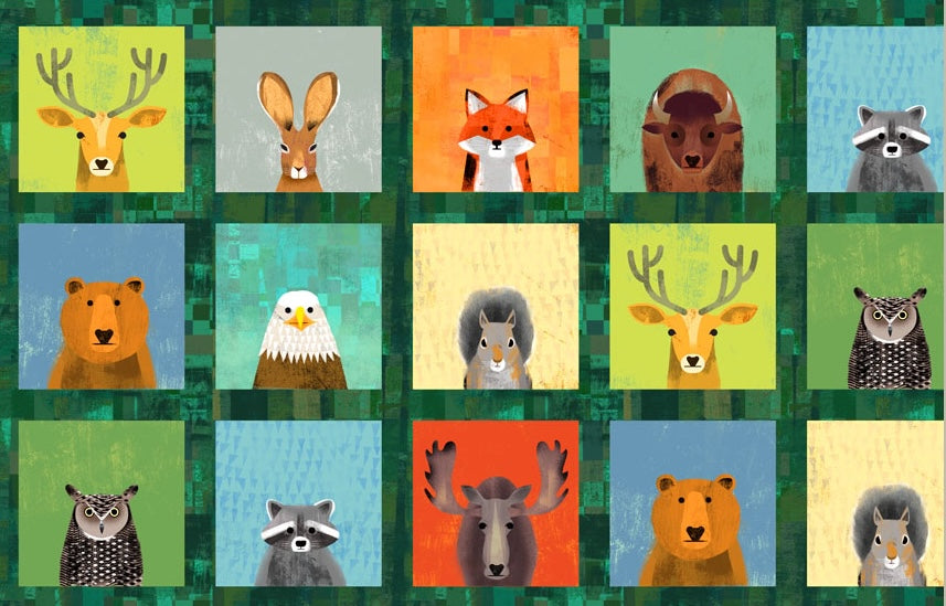 Wild North Quilt Fabric - Wildlife Portraits in Forest Green - 53933D-1 - SOLD AS A 14" PANEL