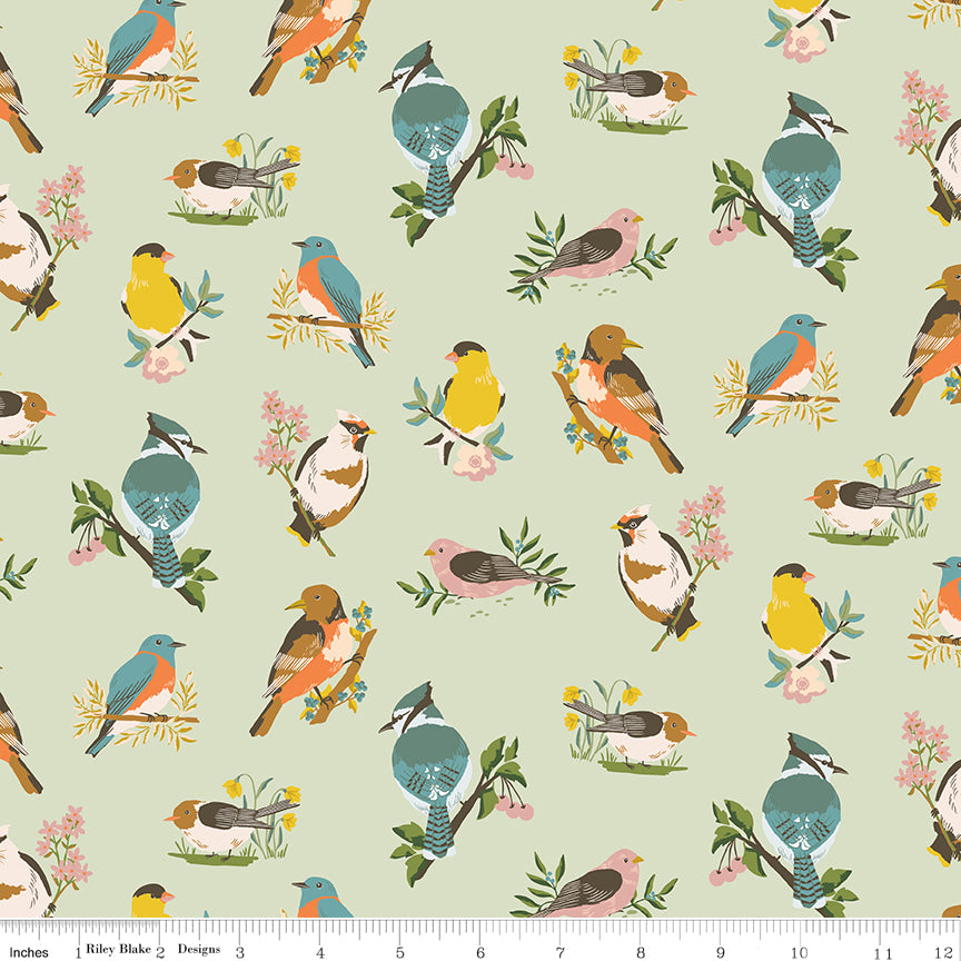 Winged Medley Quilt Fabric - Birds in Sage Green/Multi - C15911-SAGE