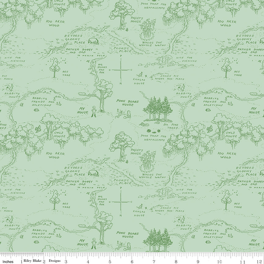 Winnie the Pooh Quilt Fabric - Map in Green - C17001-GREEN