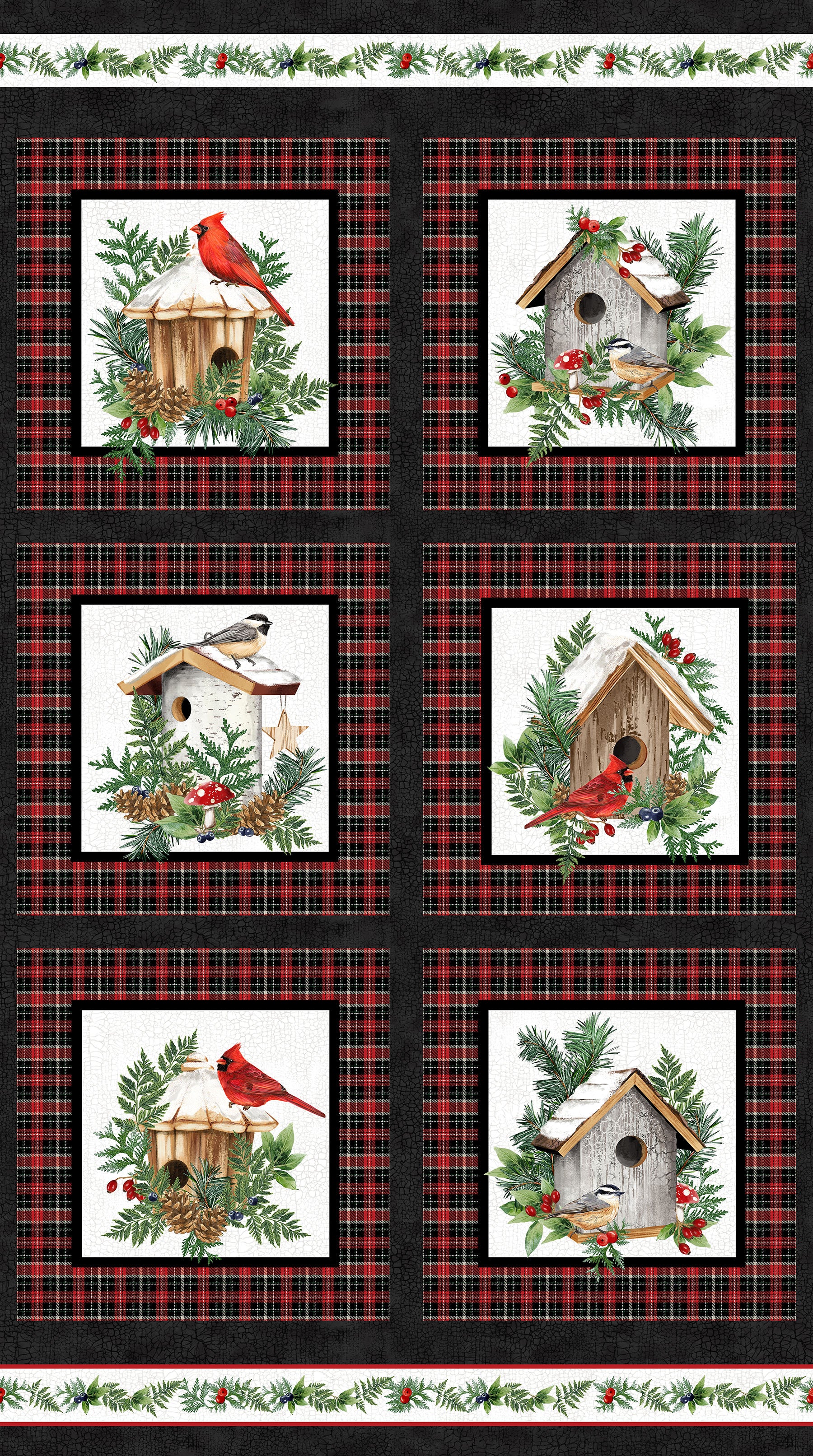 Winter Song Quilt Fabric -  Birdhouse Panel in Black/Multi - DP27800-99 - SOLD AS A 24" PANEL