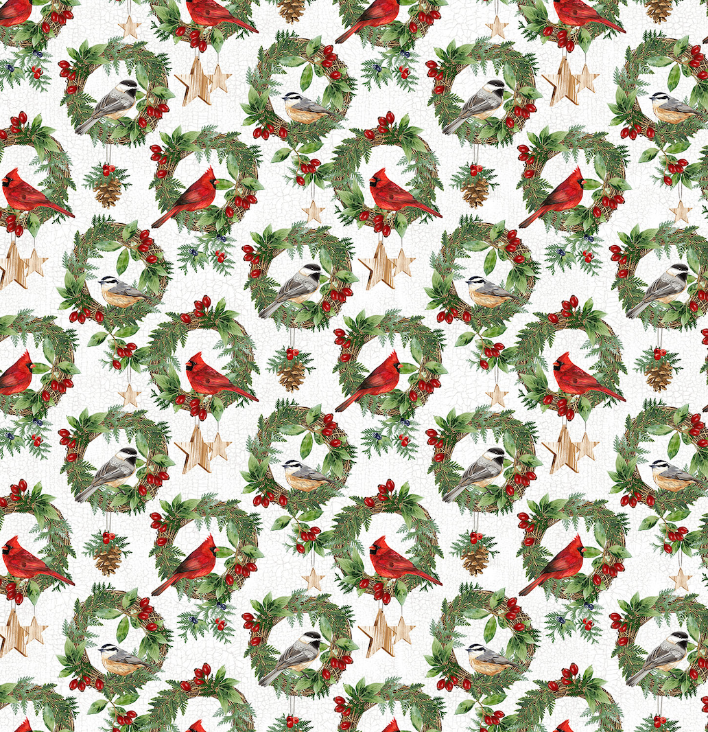 Winter Song Quilt Fabric -  Wreaths in White/Multi - DP27803-10
