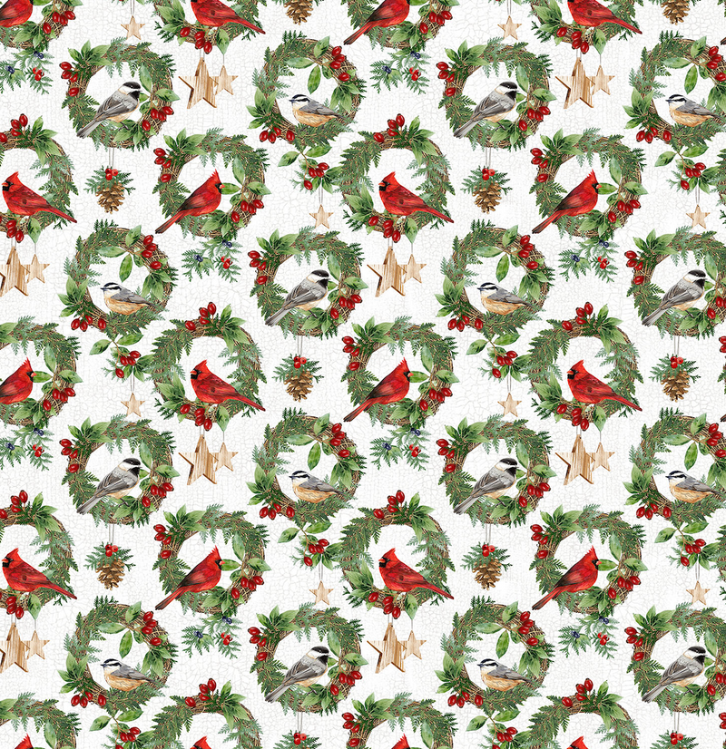 Winter Song Quilt Fabric -  Wreaths in White/Multi - DP27803-10