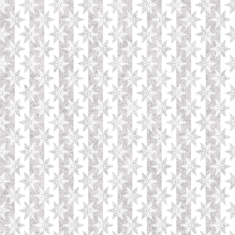 Winterlude Quilt Fabric - Majestic (Snowflake Stripes) in Silver Metallic on White - 10340M-10