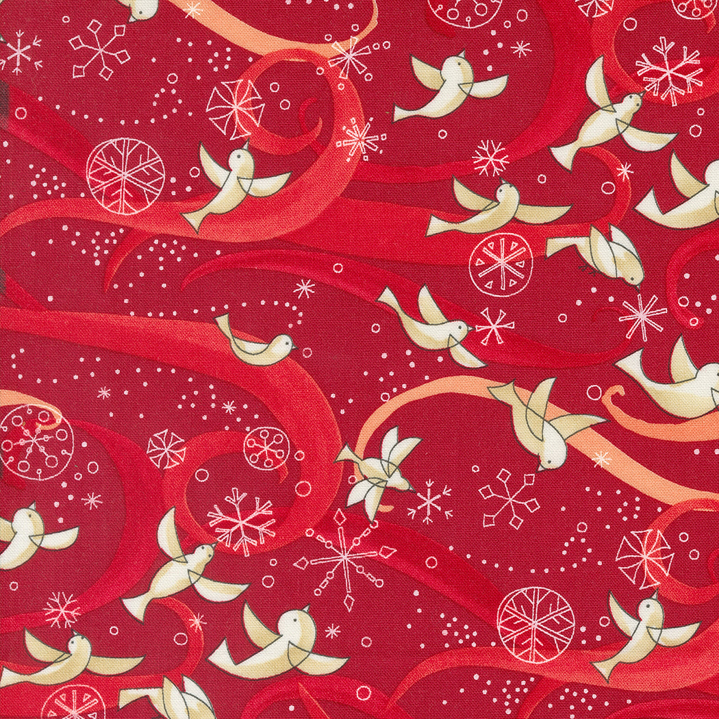 Winterly Quilt Fabric - Birds with Ribbons in Crimson Red - 48761 16