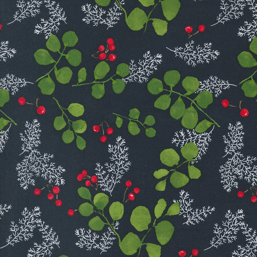 Winterly Quilt Fabric - Greenery and Berries in Soft Black  - 48764 19