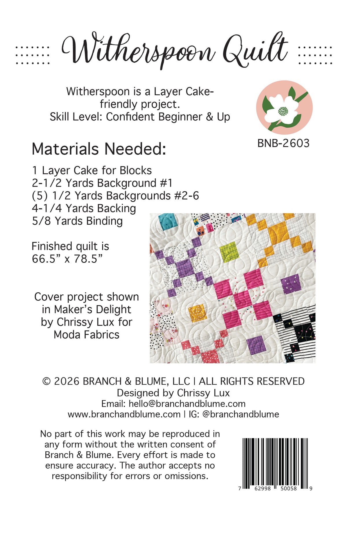 Witherspoon Quilt Pattern by Branch and Blume - featuring Maker's Delight - BNB-2603