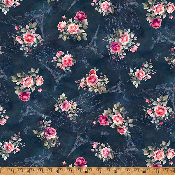 Bonjour Belle Quilt Fabric - Parisian Bouquets in Deep Blue - X5726-682-DEEP BLUE