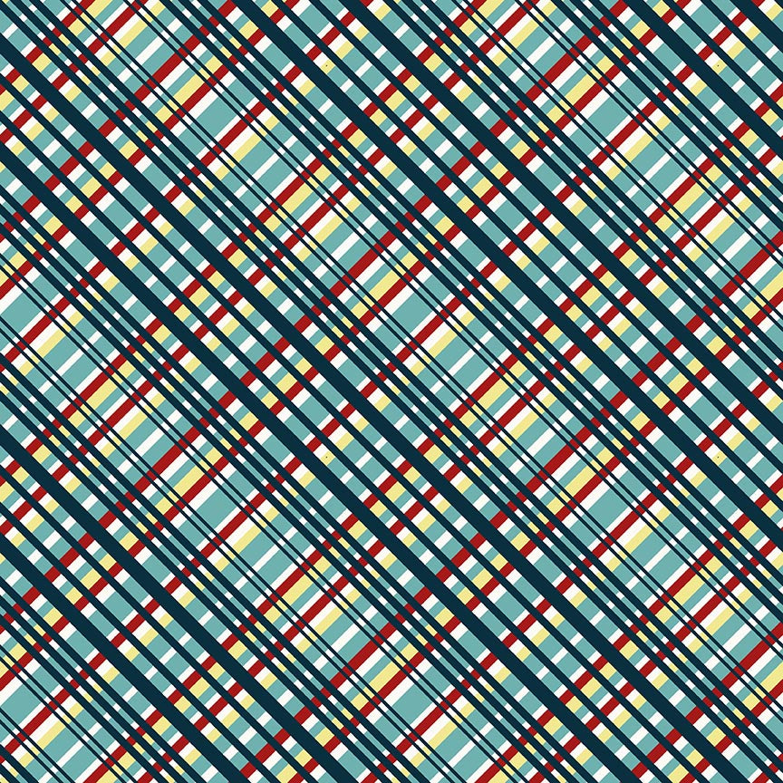 Zooming Chickens Quilt Fabric - Diagonal Plaid in Teal/Red - 7191-78
