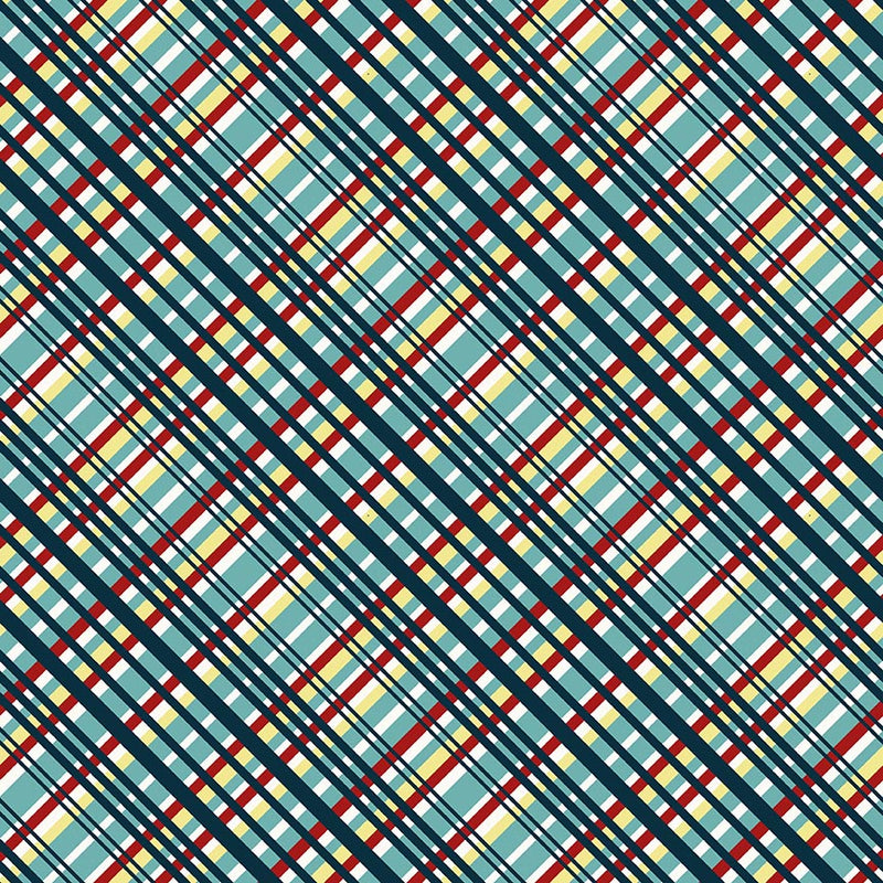 Zooming Chickens Quilt Fabric - Diagonal Plaid in Teal/Red - 7191-78