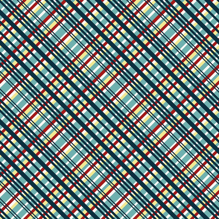 Zooming Chickens Quilt Fabric - Diagonal Plaid in Teal/Red - 7191-78