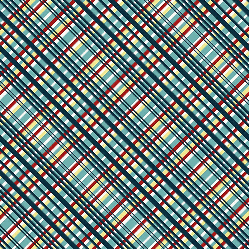 Zooming Chickens Quilt Fabric - Diagonal Plaid in Teal/Red - 7191-78