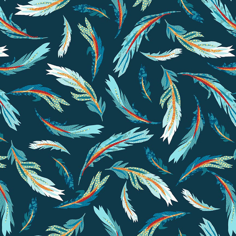 Zooming Chickens Quilt Fabric - Tossed Feathers in Teal/Red - 7186-78