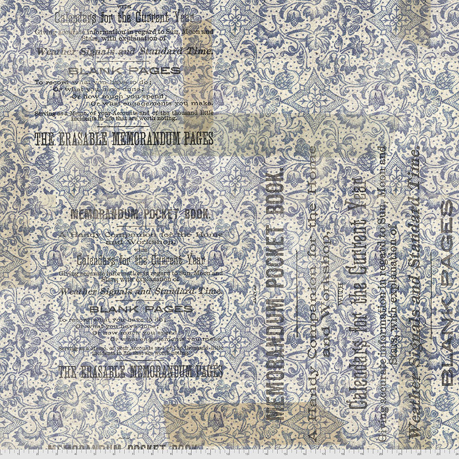 108" Eclectic Elements Quilt Backing Fabric by Tim Holtz - Memorandum in Blue - QBTH009.BLUE