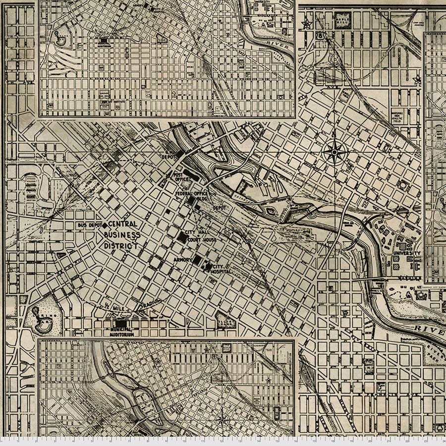 108" Eclectic Elements Quilt Backing Fabric by Tim Holtz - Street Maps in Black/Tan - QBTH008.BLACK