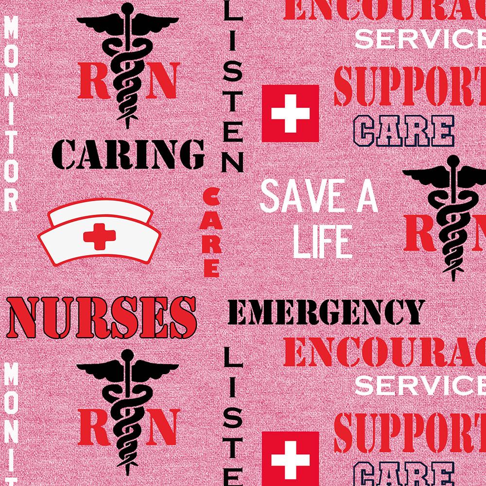 First Responder Quilt Fabric - Nurse Heather Print Logo Allover in Pink - 1181NURSE
