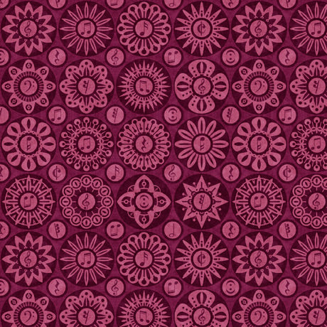 Tiny Tunes Quilt Fabric - Musical Medallions in Burgundy - 1649-28560-M