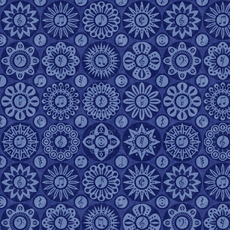 Tiny Tunes Quilt Fabric - Musical Medallions in Royal Blue - 1649-28560-W