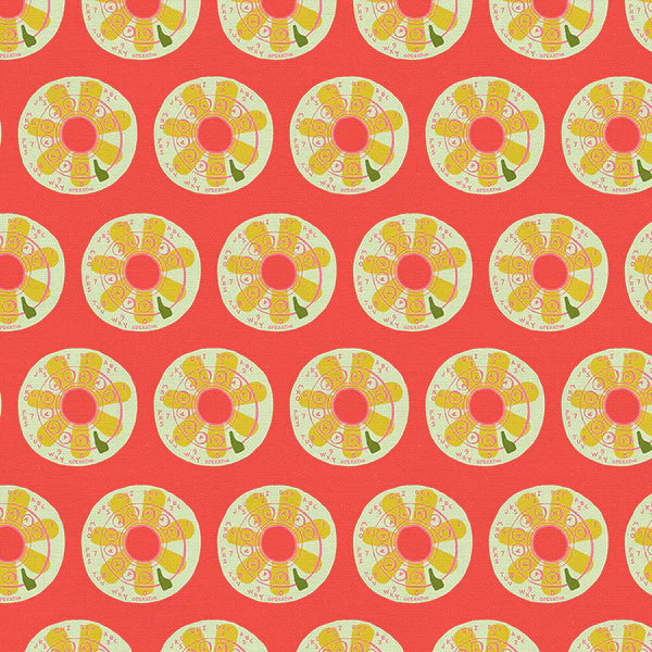 9 to 5 Quilt Fabric - Operator in Coral Pink/Yellow - 12022488