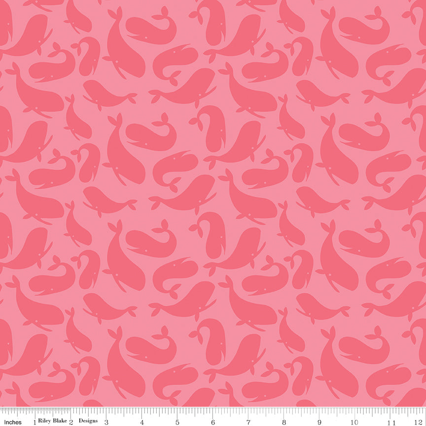Ahoy Mermaids Quilt Fabric - Whales in Coral Pink - C10341-CORAL