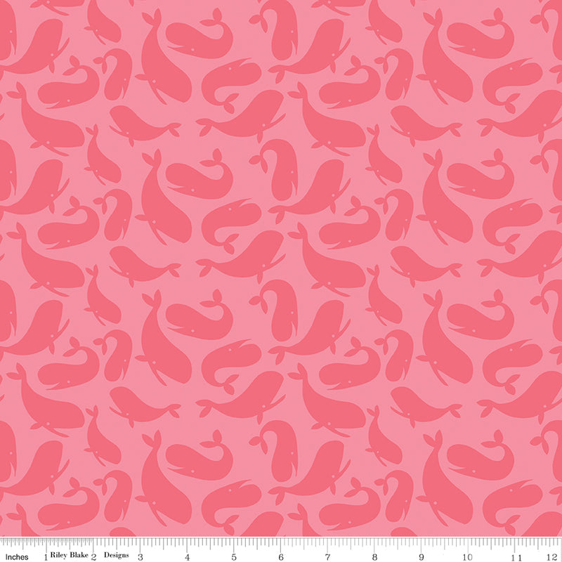 Ahoy Mermaids Quilt Fabric - Whales in Coral Pink - C10341-CORAL