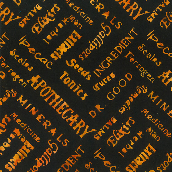 Apothecary Batik Quilt Fabric - Script in Wild Orange/Black - 80790-59